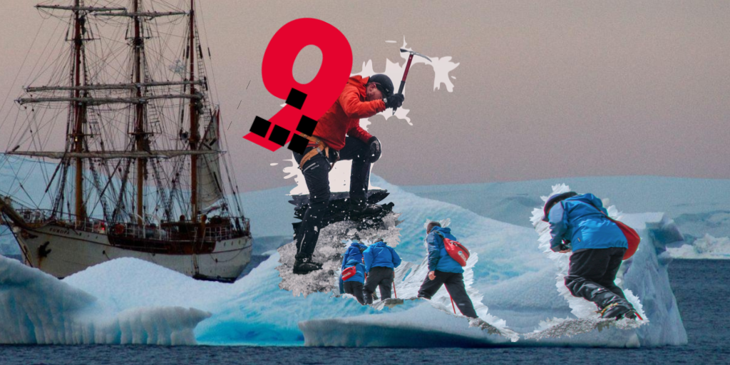 Eisberg, Schiff fährt drum herum, 4 Menschen in Annoraks wandern hinauf, einer erklimmmt den Gipfel mit einer Eishacke, das Geek Space 9 Icon als Rucksack.