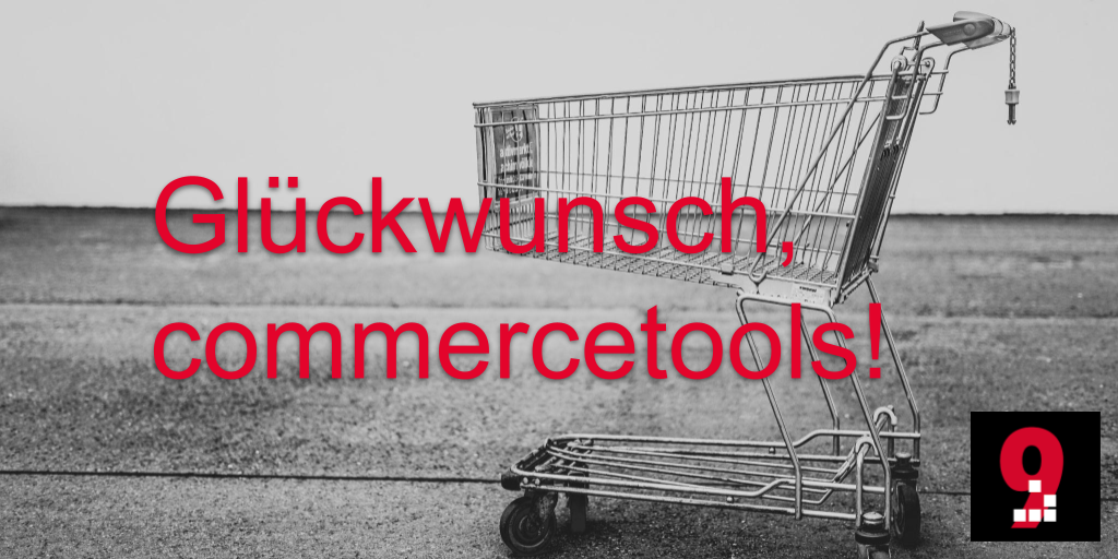 Hintergrund: Einkaufswagen. Roter Text: Glückwunsch, commercetools. Logo: Geek Space 9.