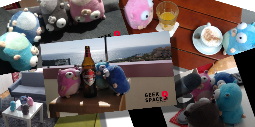 collage from 5 photos showing Golang Gopher plushes, picture in the middle showing 4 gophers (ping, light blue, gray, dark blue standing around a beer bottle on a balcony with a view over the sea