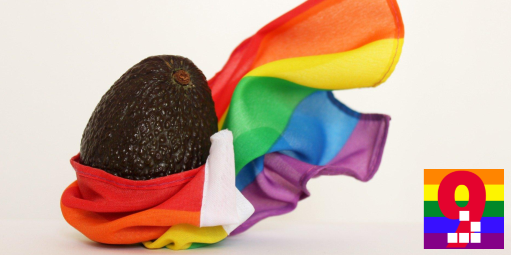 Avocado wrapped in a Pride Flag; Geek Space 9 logo in pride colors in right bottom corner