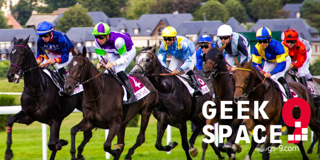 5 racing horses with jockeys on them, diffenerntly colored trikots and helmets. Geek Space 9 Logo in right down corner.
